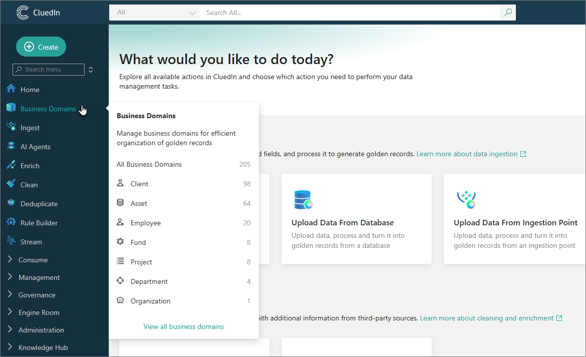The Business Domains submenu opened from the navigation menu, listing business domains with golden record counts
